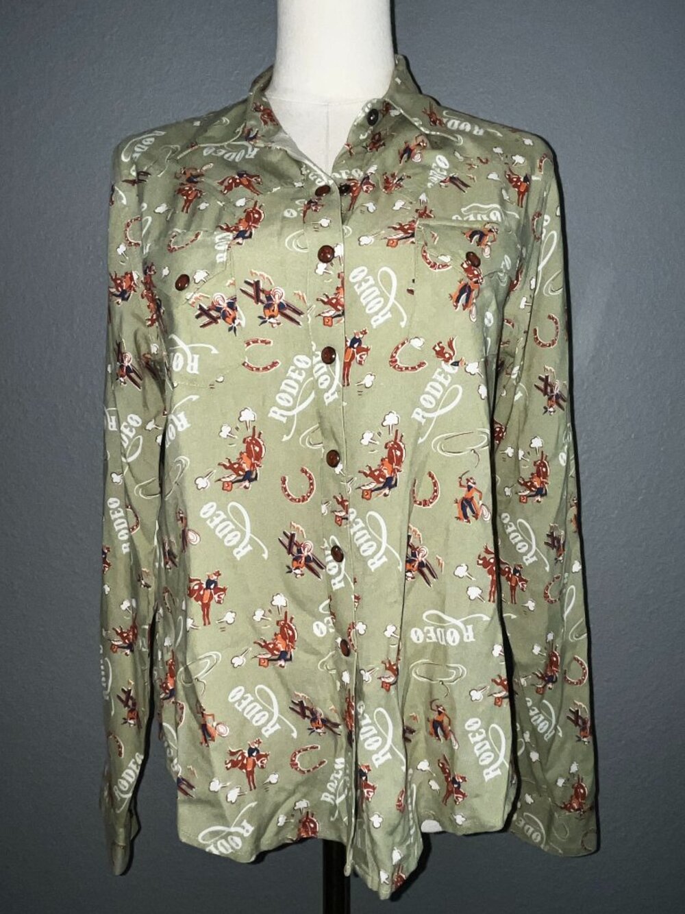 Cruel Denim Vintage Style Sage Green Rodeo Print Western Snap Front Shirt - S